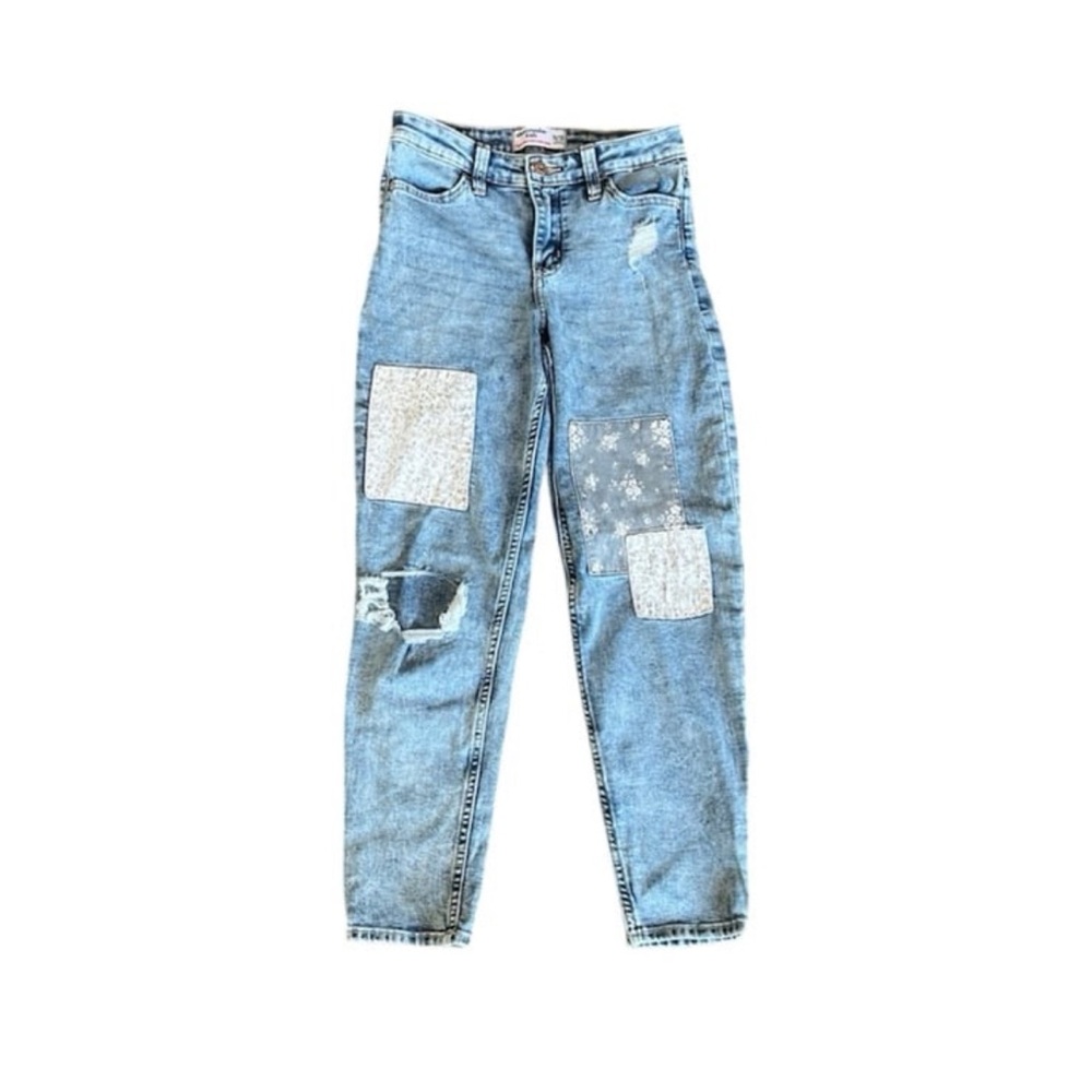 ABERCROMBIE KIDS High Rise Mini Mom Jeans Patch Distress Detail Girls 11/12